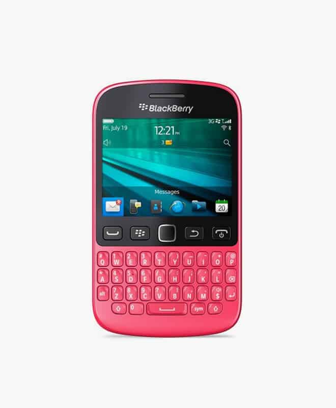 Blackberry 9720, pink, with a keyboard.