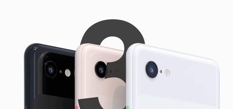 Three copies of the Google Pixel 3: Black, white and pink.